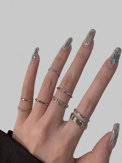 ROMWE Goth 7pcs Fashion Zinc Alloy Cuff Ring For Women For Daily Decoration