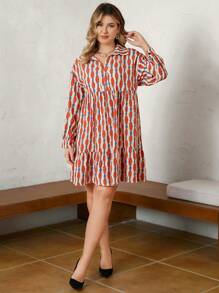 SHEIN LUNE Plus Allover Print Ruffle Hem Smock Dress - Orange - View 4