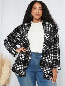 SHEIN CURVE+ 大碼格紋印花開門襟外套 - 黑與白 - 查看 1