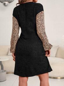 SHEIN Maternity Leopard Print Lantern Sleeve Belted Dress - Black - View 2