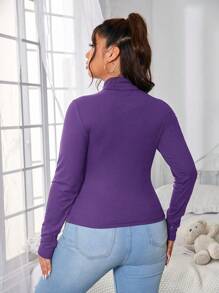 SHEIN Essnce Hơn Chất rắn Cổ cao Áo thun - Màu tím  Violet - Xem 2