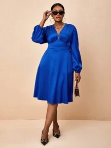 Celure Hơn Cổ Lao Tay áo lồng đèn Đầm - Màu xanh lam - Xem 3