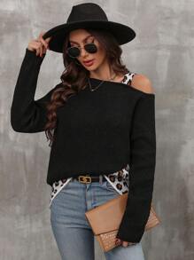 SHEIN LUNE 豹纹图案不对称领口落肩针织套头衫秋冬毛衣 - 黑色 - 查看 3