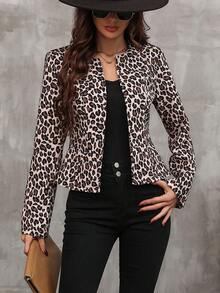 Leopard Print Open Front Jacket - Brown - View 5