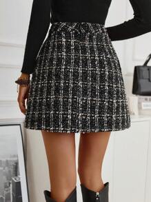 SHEIN Privé 格紋圖案紐扣細節粗花呢半身裙 - 黑與白 - 查看 2