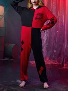 Harley Quinn | ROMWE Letter Graphic Two Tone Hooded Sleep Jumpsuit - Multicolor - View 5