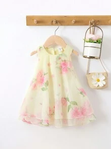 SHEIN Elladie kids Baby Girl Floral Print Mesh Overlay Dress