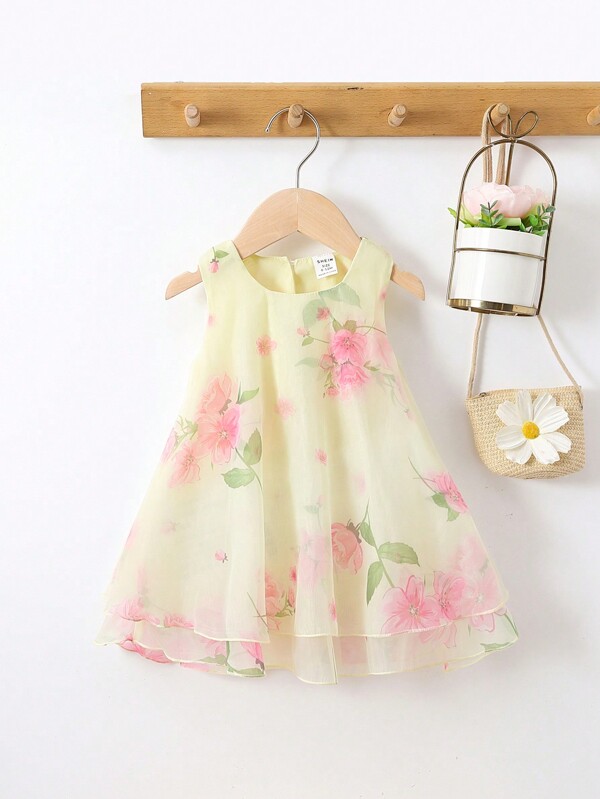 SHEIN Baby Girl Floral Print Mesh Overlay Dress