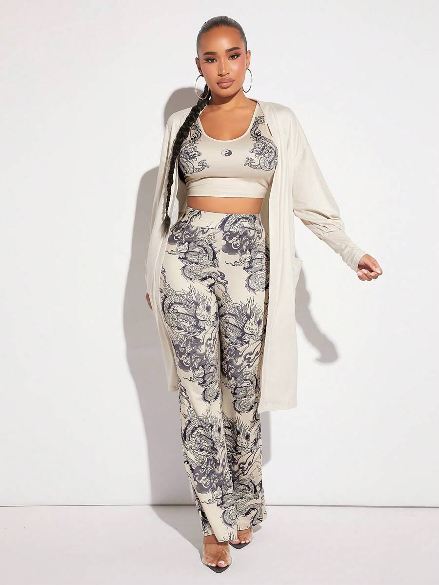 SHEIN SXY 中國龍圖案短款背心和褲子和外套 - 彩色 - 查看 1