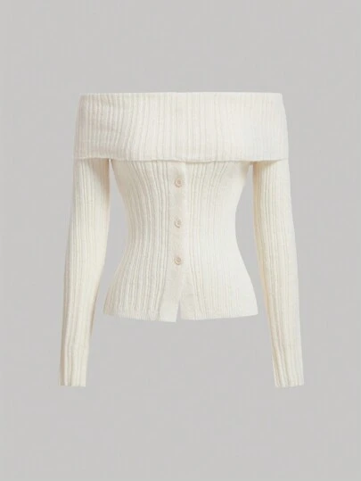 SHEIN MOD 春季正面紐扣露肩折正面毛衣