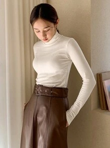 DAZY Solid High Neck Tee Long Sleeve Women Tops,Fall Women Clothes Thermal Lined - White - View 5