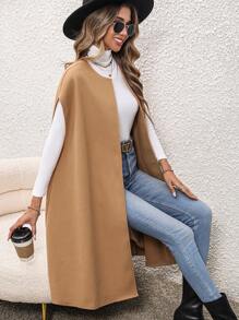 Chiquease Solid Open Front Vest Overcoat - Khaki - View 4