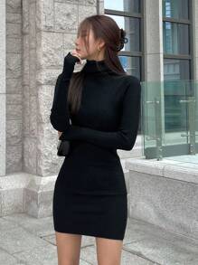 DAZY 女式纯色高领长袖修身休闲针织连衣裙，秋季毛衣裙