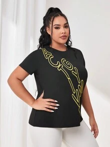 SHEIN Daily&Casual 大碼字母圖案運動T恤 - 黑色 - 查看 4