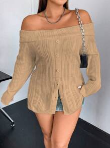 Flirla Áo len chui đầu trễ vai cài nút phía trước, kiểu dáng thu đông. - Màu be - Xem 4