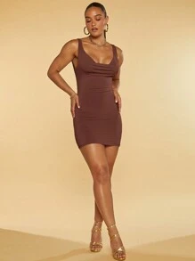 SHEIN x Lina Silquee 素色露背緊身洋裝 - 咖啡棕 - 查看 5