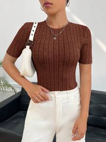 SHEIN EZwear 素色條紋針織T恤 - 巧克力棕 - 查看 5