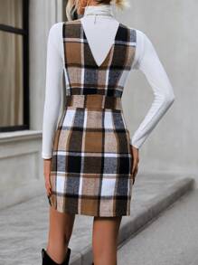 SHEIN LUNE Plaid Print Overall Dress Without Sweater - Brown - View 2