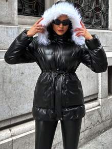 Cloudara Fuzzy Trim Hooded Belted Padded Coat - Black - View 1