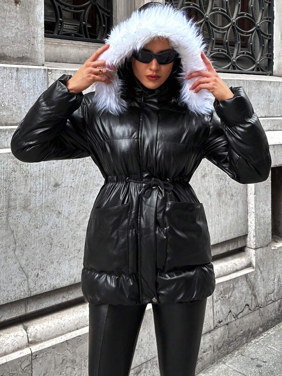 Cloudara Fuzzy Trim Hooded Belted Padded Coat - Black - View 1