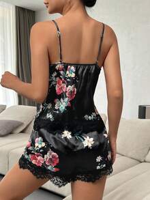 Floral Print Contrast Lace Satin PJ Set