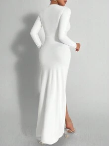 Allurite 扭纹前开衩长裙女装 - 白色 - 查看 2