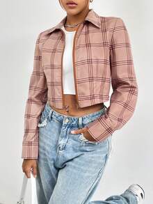 SHEIN Essnce Plaid Print Zip Up Shirt - Multicolor - View 4