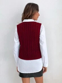 SHEIN Frenchy Solid Cable Knit Sweater Vest Without Blouse Christmas Winter New Year Red Burgundy Casual - Burgundy - View 2