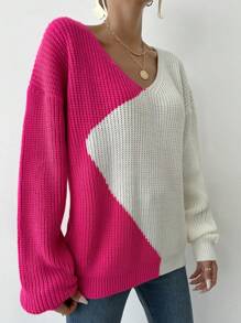 EURMUSE Two Tone Drop Shoulder Ribbed Knit Sweater - Hot Pink - View 6