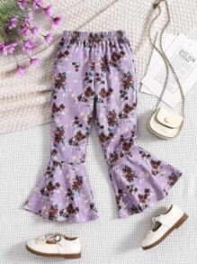 SHEIN Young Girl Floral Print Flare Leg Pants - Purple - View 1