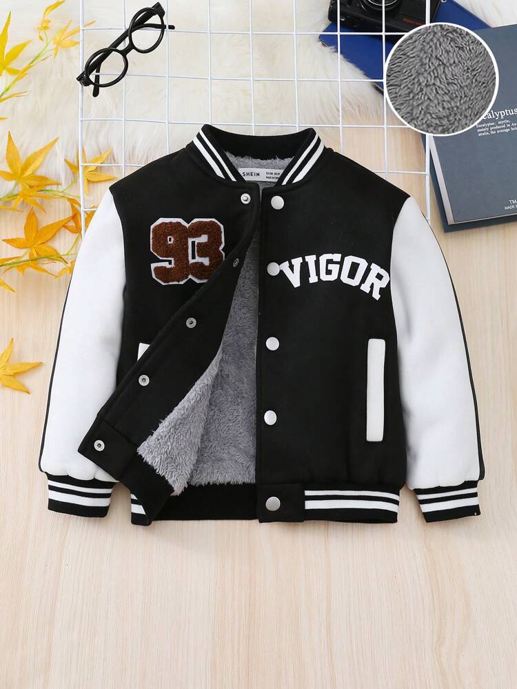 Young Boy Letter Graphic Striped Trim Thermal Lined Varsity Jacket