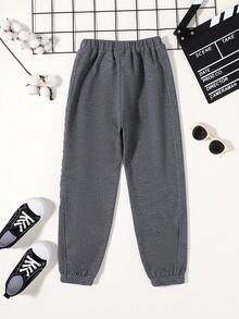 SHEIN 男大童素色彈性腰帶衛褲 - 灰色 - 查看 2