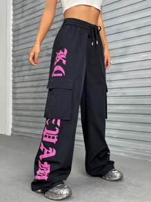 SHEIN Coolane Letter Graphic Flap Pocket Side Drawstring Waist Cargo Pants - Black - View 5