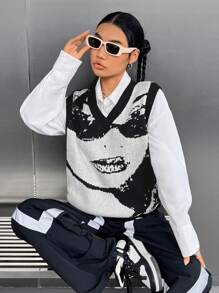 SHEIN Coolane 人物圖案毛衣背心不帶襯衫 - 黑與白 - 查看 1