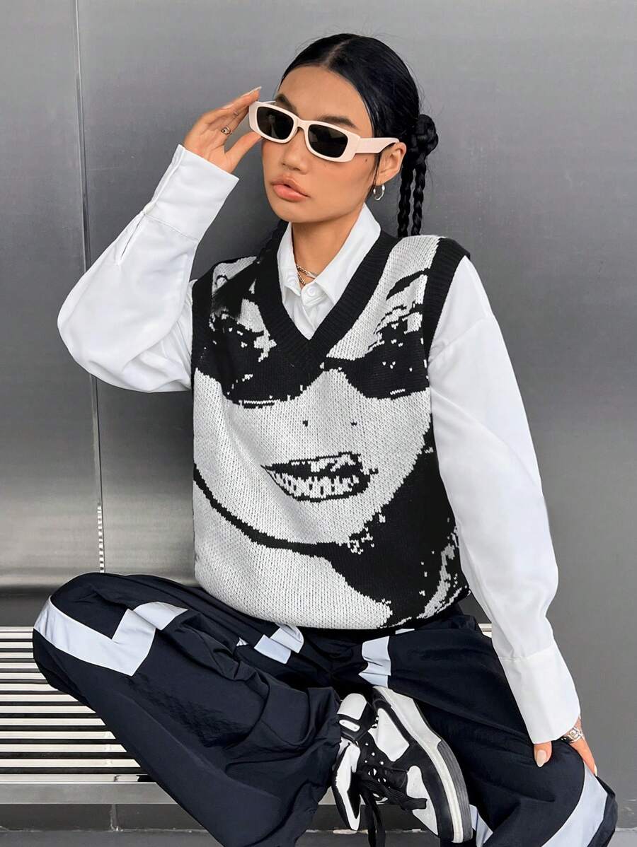 SHEIN Coolane 人物圖案毛衣背心不帶襯衫 - 黑與白 - 查看 1