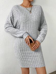 SHEIN Essnce 條紋針織蝙蝠袖緊身洋裝 - 灰色 - 查看 3