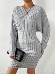 SHEIN Essnce 條紋針織蝙蝠袖緊身洋裝 - 灰色 - 查看 5