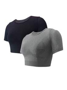 2pcs Solid Crop Sports Tee - Multicolor - View 1