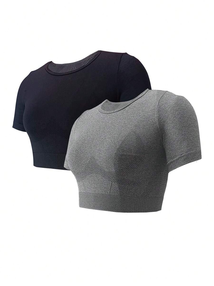 2pcs Solid Crop Sports Tee - Multicolor - View 1