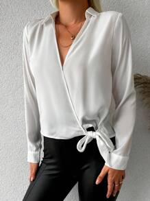 EURMUSE Solid Wrap Knot Side Shirt - trắng - Xem 3