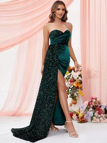 LOVE&LEMONADE Contrast Sequin Draped Side Split Thigh Tube Prom Dress - Green - View 6