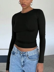 Elegant & Versatile Women's Solid Color Round Neck Long Sleeve Ruched Fitted T-Shirt, Suitable For Summer And Autumn/Winter Seasons