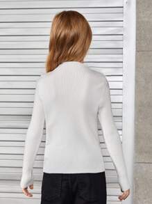 SHEIN Tween Girl Mock Neck Ribbed Knit Jumper - White - View 2
