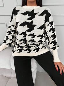 Đồ họa Houndstooth Thả vai Áo len & Quần dệt kim - Đen và trắng - Xem 5