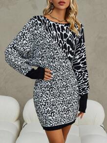 SHEIN Essnce Leopard Pattern Drop Shoulder Sweater Dress Without Belt - Black and White - View 4