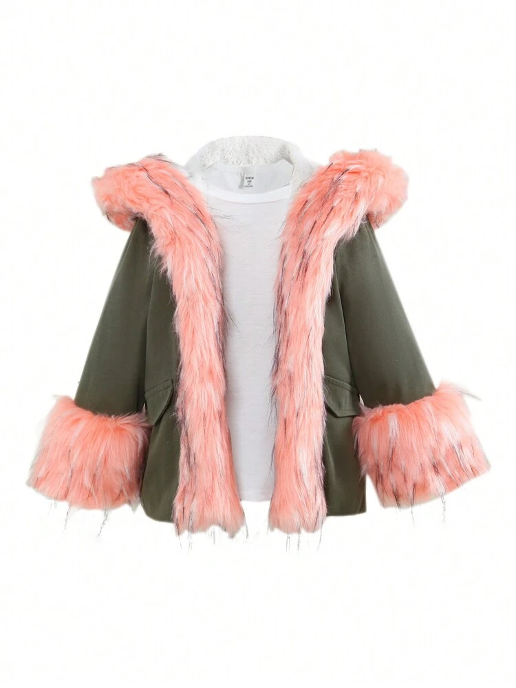 Young Girl Fuzzy Trim Hooded Teddy Lined Coat Without Tee