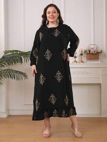 Graphic Print Tunic Arabian Dress - Black - View 3