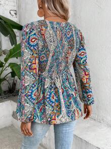 SHEIN VCAY 佩斯利印花燈籠袖荷葉邊下擺襯衫 - 彩色 - 查看 2