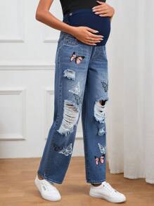 SHEIN Maternity Butterfly Print Ripped Straight Leg Jeans