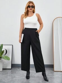 SHEIN Privé Plus Solid Wide Leg Pants - Black - View 3